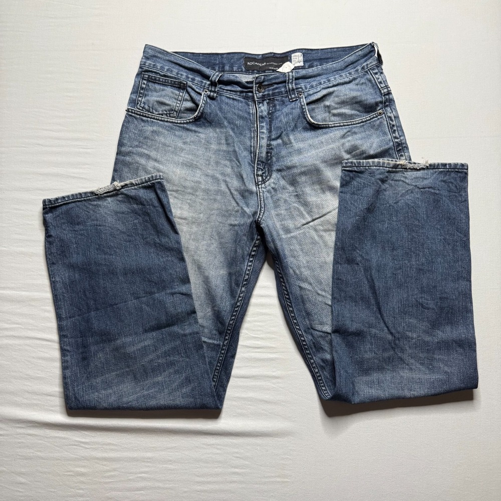 Rocawear Mens Original Fit Jeans Blue Denim Plaid Pocket Detail 36x32 Streetwear